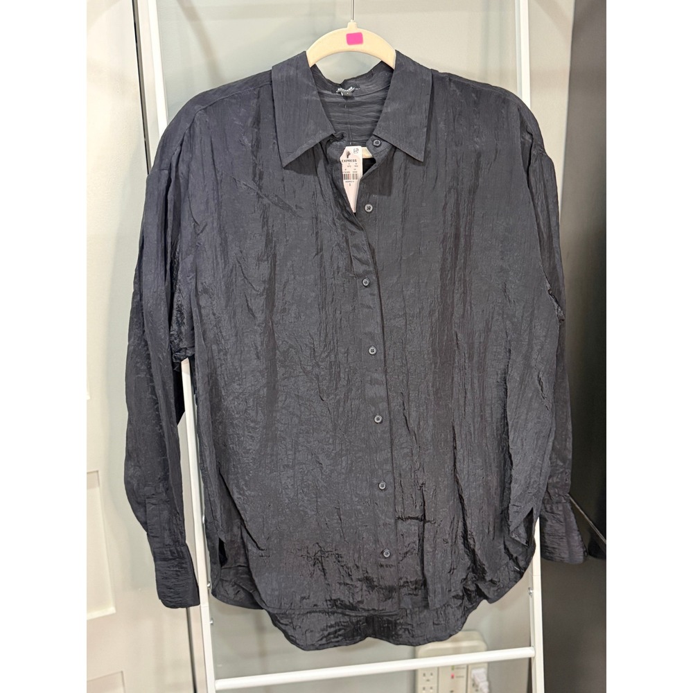 Express Boyfriend Portofino Shirt Black Textured Long Sleeve Button Down S NWT
